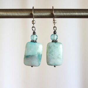 Blue Larimar Stone Drop Earrings Silver Tone Glass Bead Boho Coastal Dangle K2